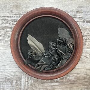 Vintage Leather Rose Wall Art Black Round Frame 7” Gothic Decor